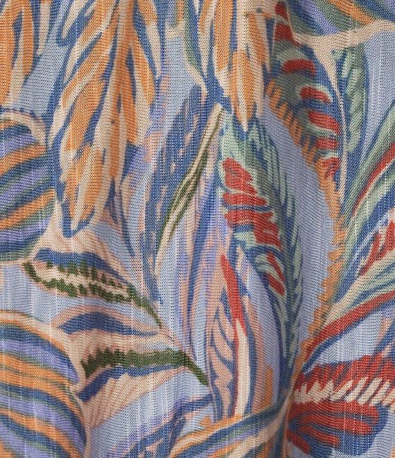 Democracy Plus Size Knit Tropical Palm Border Print Split V-Neck Long Sleeve Shirttail Hem Top Product Image