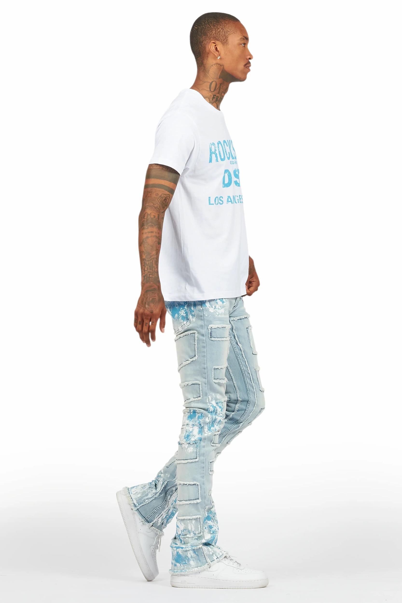 Saxon White/Blue T-Shirt/Stacked Flare Jean Set Male Product Image