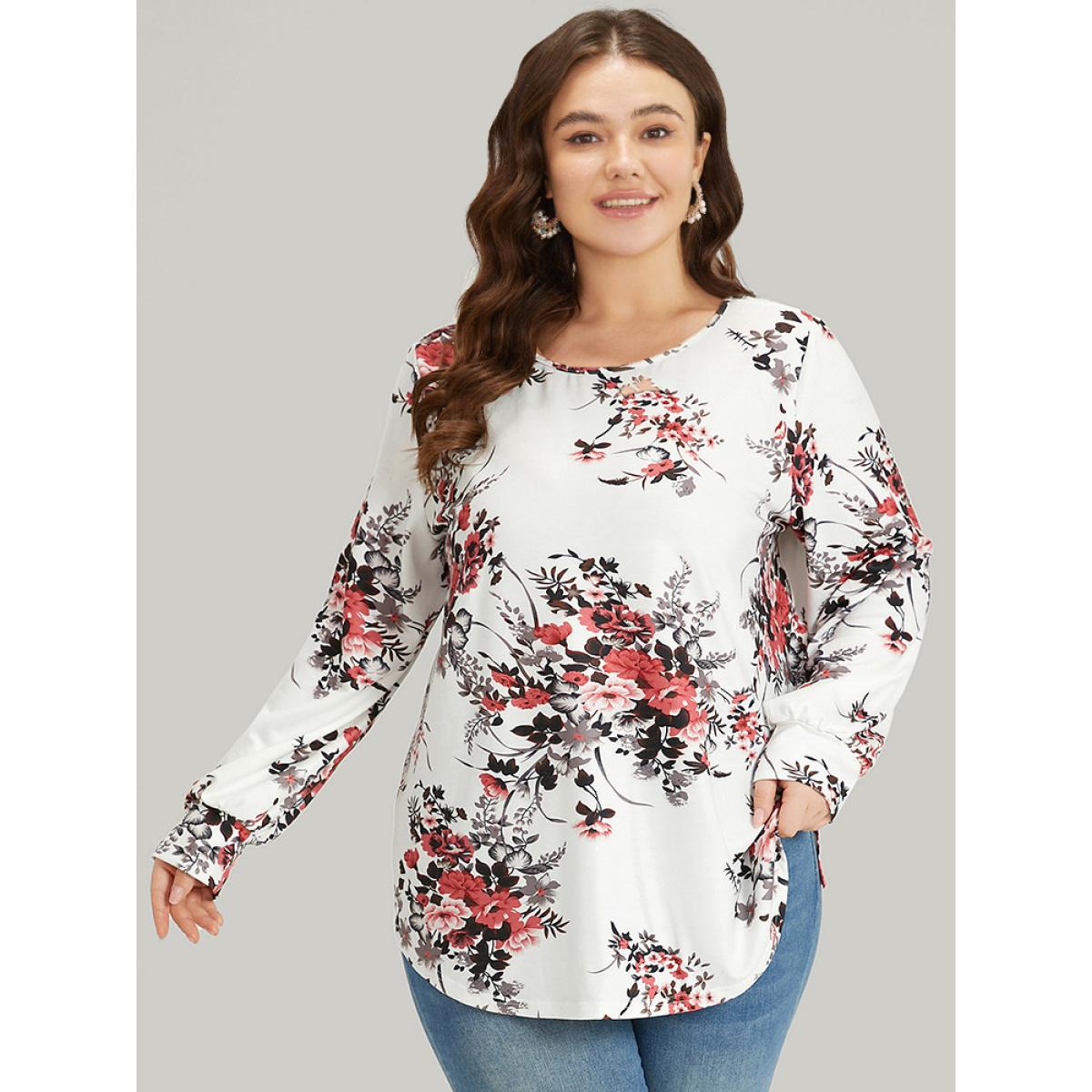 Plus Size Floral Print Crew Neck Crisscross Sweatshirt Women White Elegant Elastic cuffs Round Neck Dailywear Sweatshirts BloomChic 14-16/1X Product Image