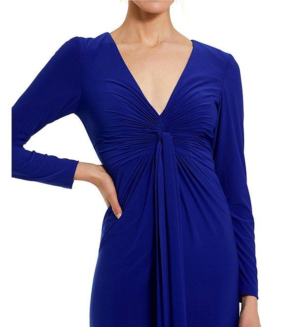 Mac Duggal Jersey Knit V-Neck Long Sleeve Front Twist Knot Sheath Dress Product Image