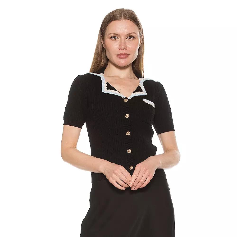 Women's ALEXIA ADMOR Kith Knit Short Sleeve Button Down Collared Top,  Product Image