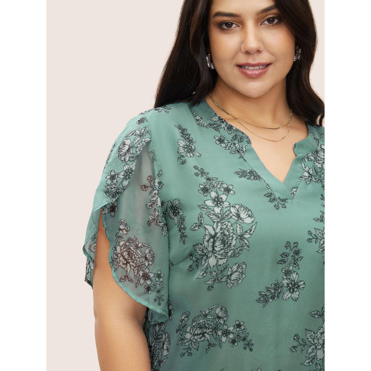 Plus Size Emerald Chiffon Floral Print Flat Collar With V Notch Petal Sleeve Blouse Women Elegant Short sleeve V-neck Everyday Blouses BloomChic 30/6X Product Image