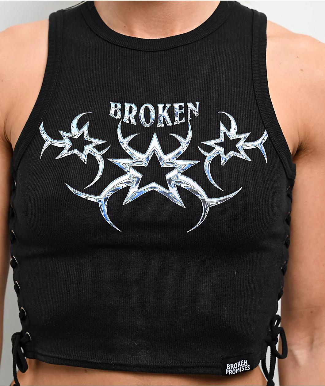 Broken Promises Chromium Black Lace Up Crop Tank Top Product Image