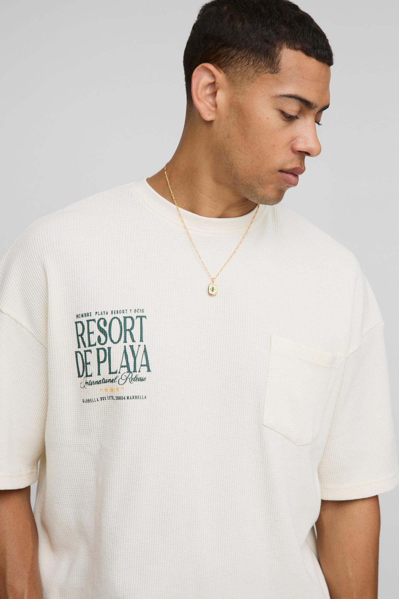 Oversized Boxy Waffle T-Shirt And Tricot Embroidered Short Set | boohooMAN USA Product Image