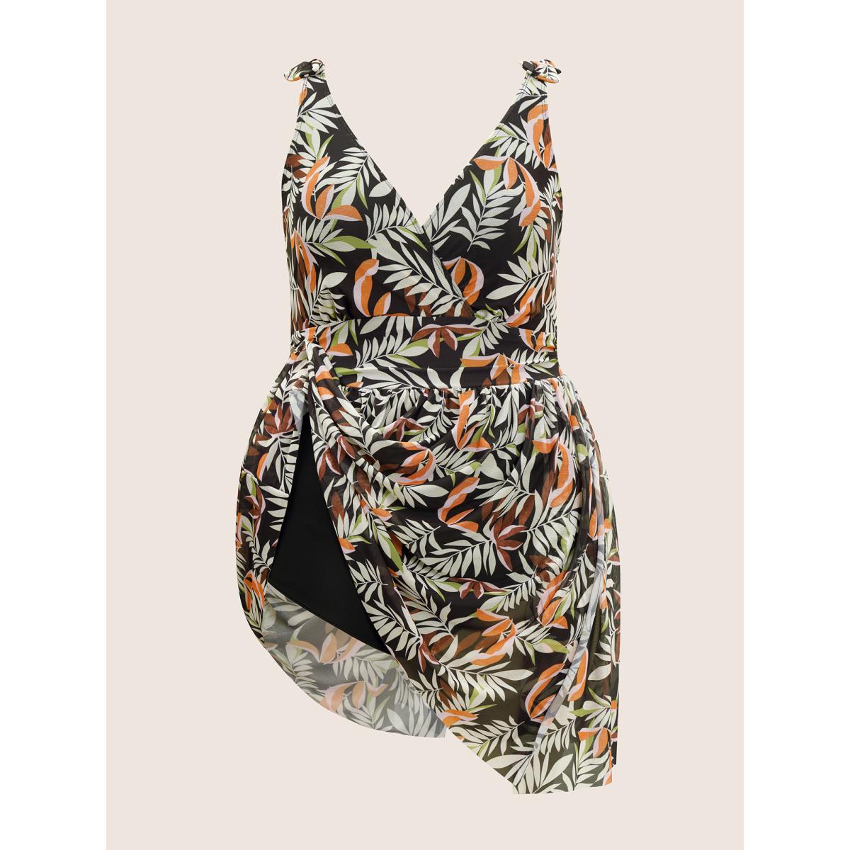 Plus Size Tropical Print Gathered Split Hem Swim Dress Women's Swimwear Black Beach Bodycon V-neck High stretch Curve Swim Dresses BloomChic 14-16/1X Product Image