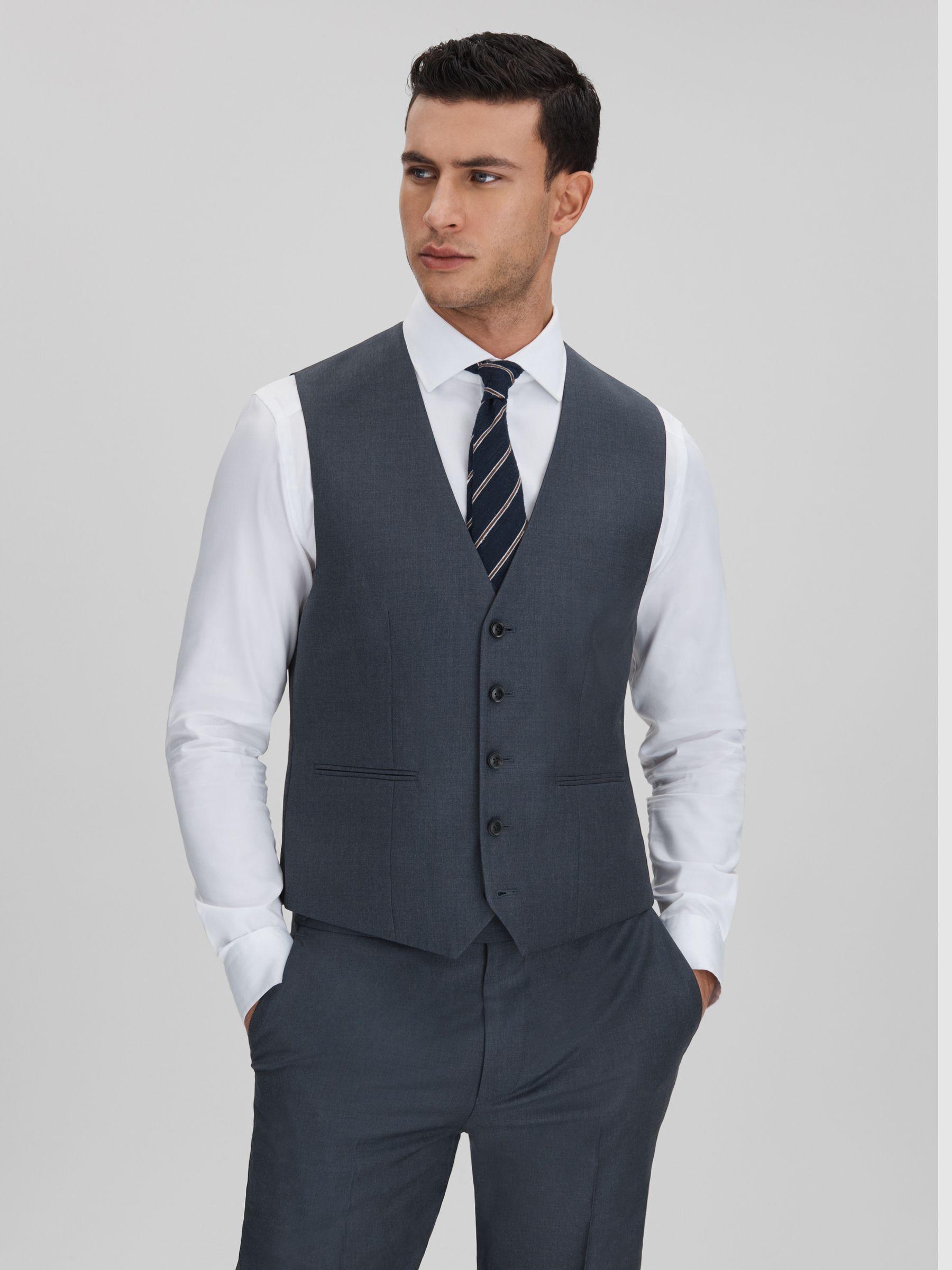 Slim Fit Single Breasted Wool Waistcoat in Airforce Blue Product Image