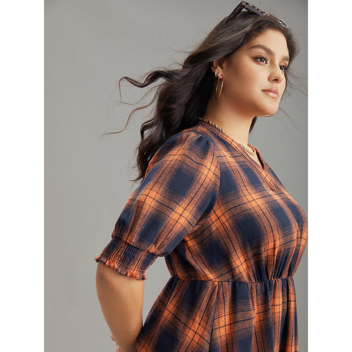 Plus Size Plaid Shirred Ruffles Pocket Dress Orange Women Elegant Printed V-neck Short sleeve Curvy Midi Dress BloomChic 30/6X Product Image