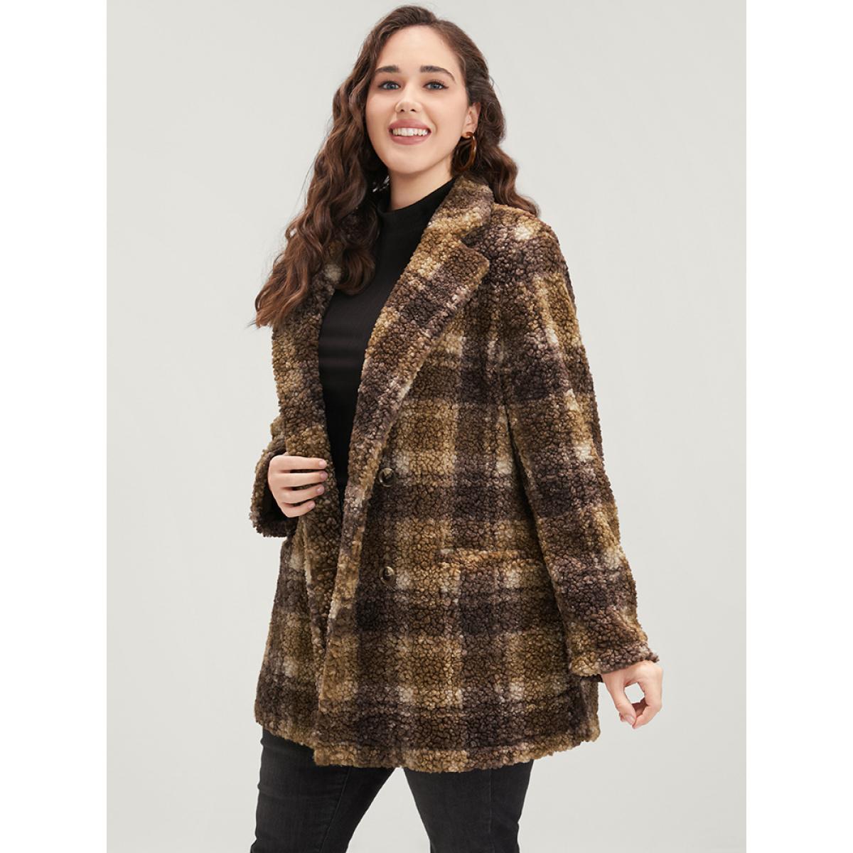 Plus Size Plaid Pocket Double Breasted Teddy Coat Women Tan Casual Pocket Ladies Dailywear Winter Coats BloomChic 12/L Product Image