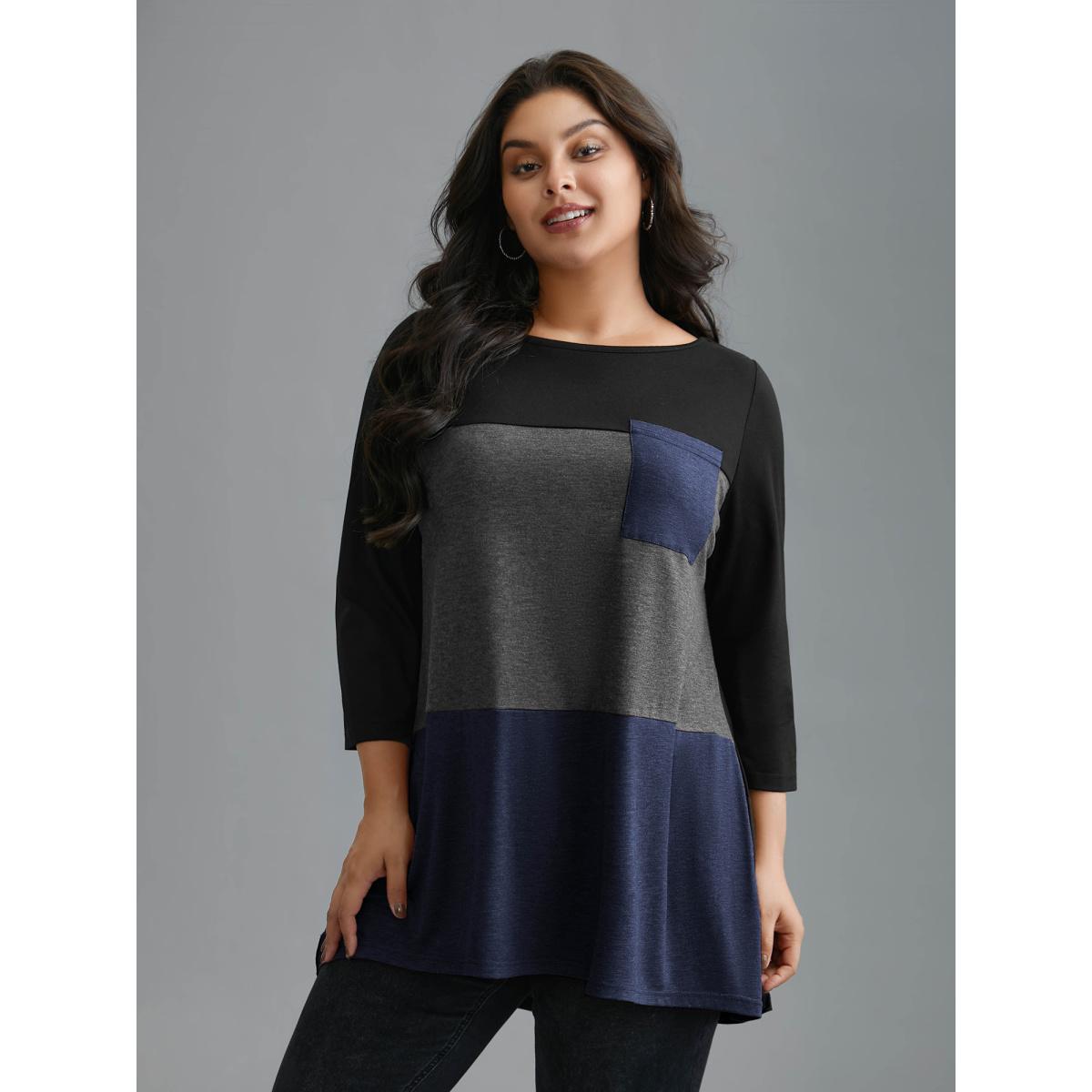 Plus Size Color Block Chest Pocket Round Neck T-Shirt Black Women Casual Contrast Boat Neck Loose Everyday T-shirts BloomChic 14-16/1X Product Image