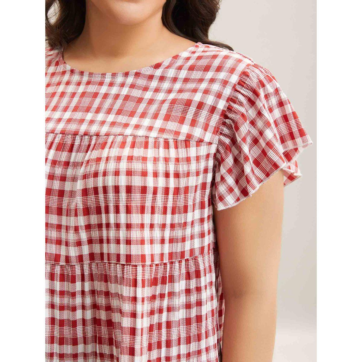 Plus Size Crimson Plaid Print Textured Lotus Leaf Sleeve Shirt Women Casual Cap Sleeve Round Neck Everyday Blouses BloomChic 12/L Product Image