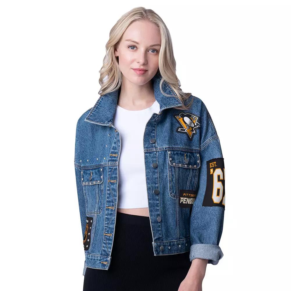 Women's G-III 4Her by Carl Banks Pittsburgh Penguins Game Ball Cropped Button-Up Denim Jacket,  Product Image