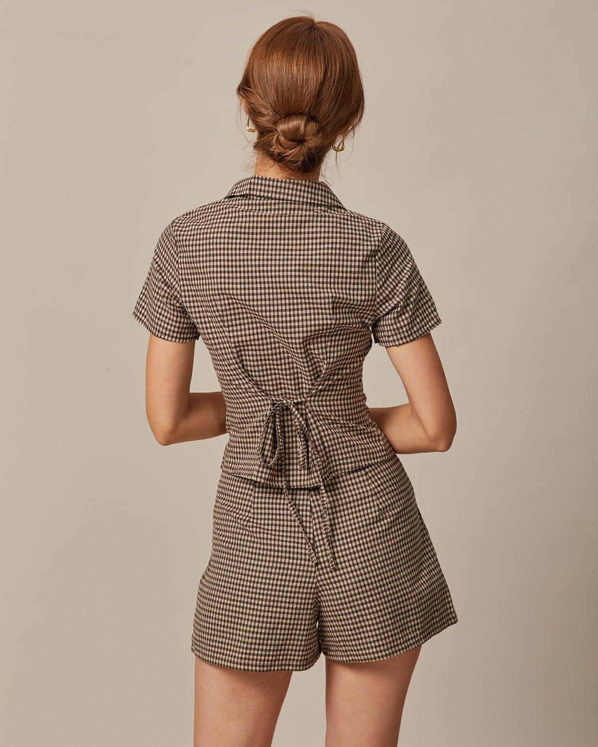 The Brown Lapel Plaid Short Sleeve Blouse Product Image
