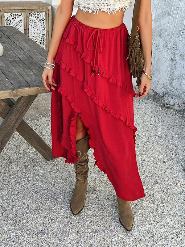 A-Line Loose Drawstring Pleated Ruffle Trim Solid Color Split-Front Skirts Bottoms Product Image