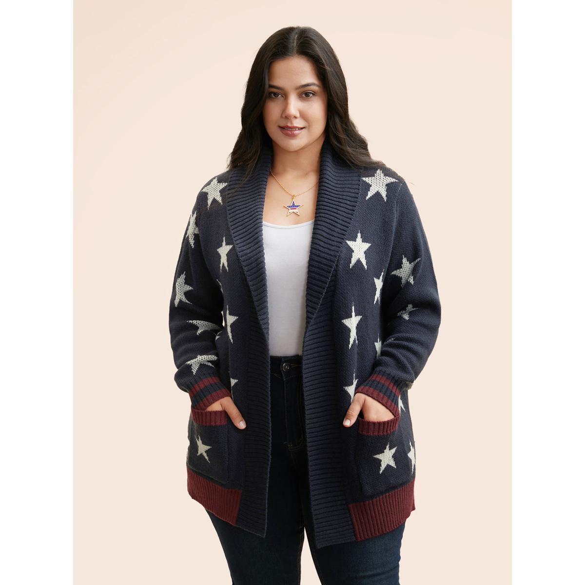 Plus Size Star Contrast Patched Pocket Cardigan Indigo Women Casual Loose Long Sleeve Everyday Cardigans BloomChic 18-20/2X Product Image