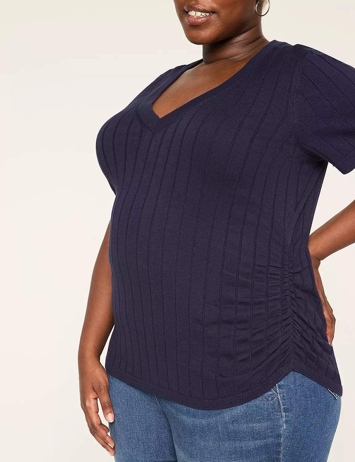 Fitted Short-Sleeve Side-Ruched Sweater Product Image