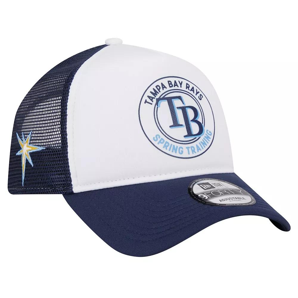 Men's New Era White/Navy Tampa Bay Rays Spring Training Circle Foam A-Frame 9FORTY Trucker Adjustable Hat, Blue Product Image