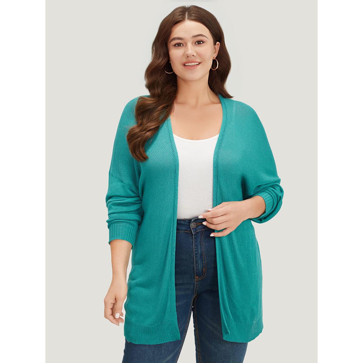 Plus Size Plain Open Front Loose Slightly Stretchy Cardigan Emerald Women Casual Loose Long Sleeve Everyday Cardigans BloomChic 12/L Product Image