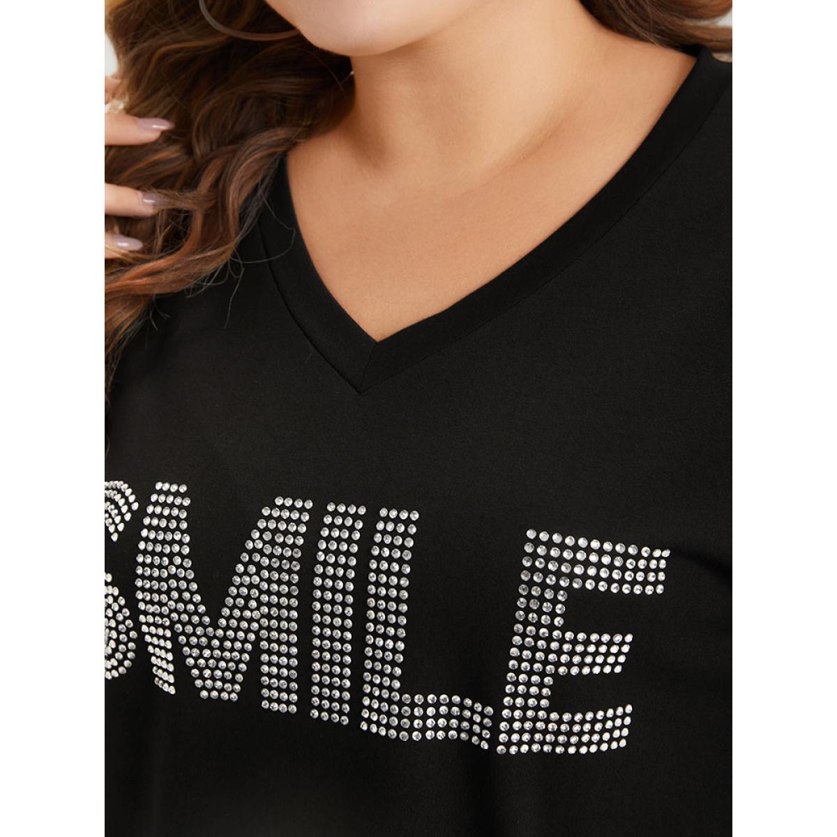 Plus Size Letter Print Rhinestone V Neck Elastic cuffs Sweatshirt Women Black Elegant Elastic cuffs Dailywear Sweatshirts BloomChic 10/M Product Image