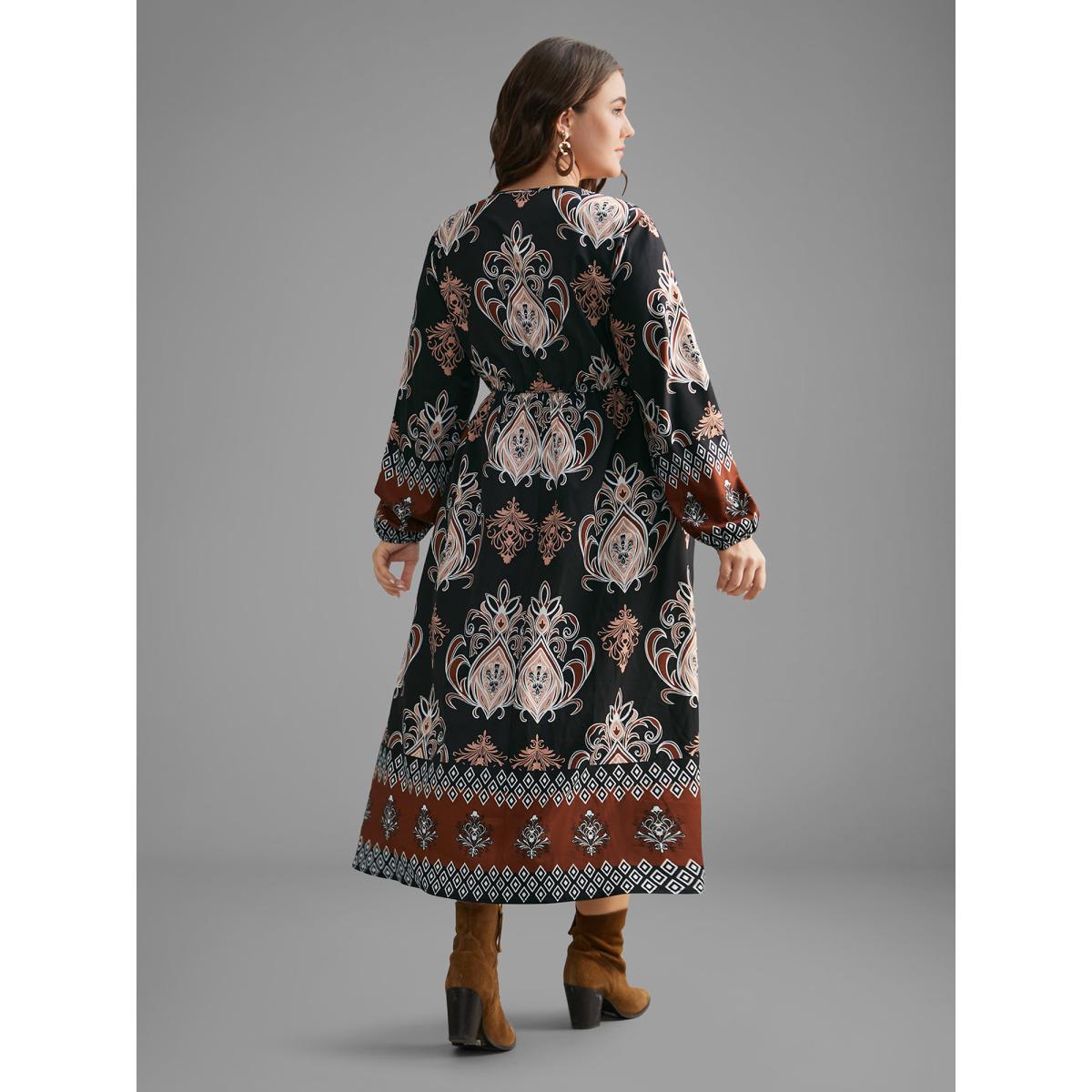 Plus Size Bandana Overlap Collar Elastic Waist Dress Black Women Resort Non Overlap Collar Long Sleeve Curvy BloomChic 30/6X Product Image