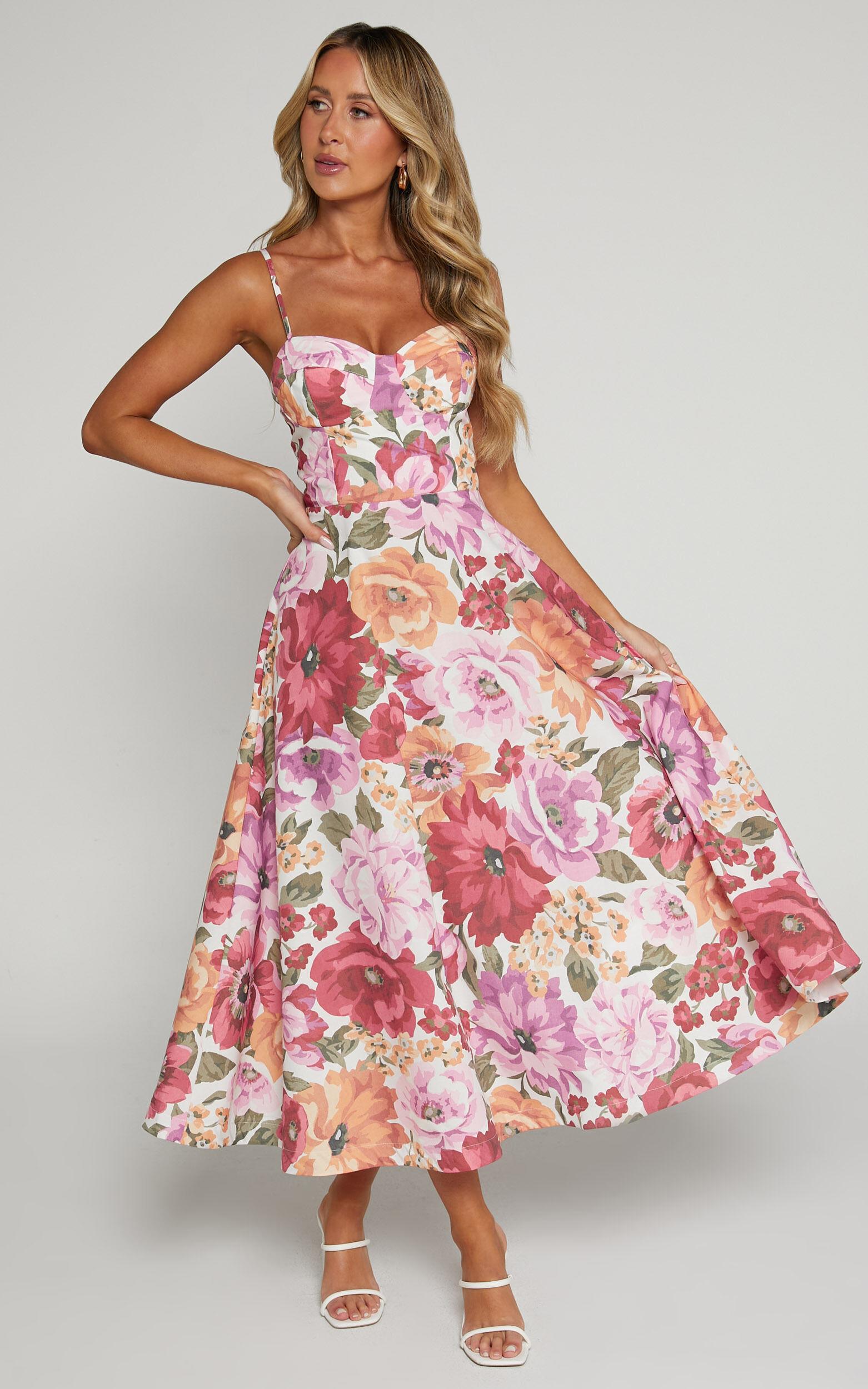 Robertson Midi Dress - Strappy Sweetheart Bustier Flare Dress in Spring Floral Product Image