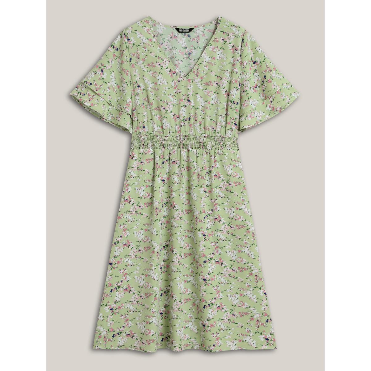 Plus Size Floral Print Shirred Waist Layered Sleeve Dress LightGreen Women Elegant Tiered V-neck Short sleeve Curvy BloomChic 18-20/2X Product Image