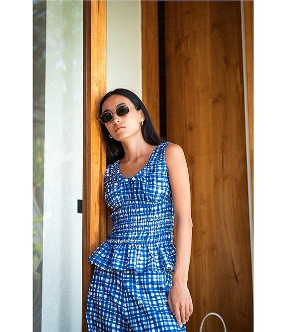 COREY LYNN CALTER Aria Stretch Woven Gingham Plaid Print Flat Front Wide Leg Coordinating Cropped Pants Product Image