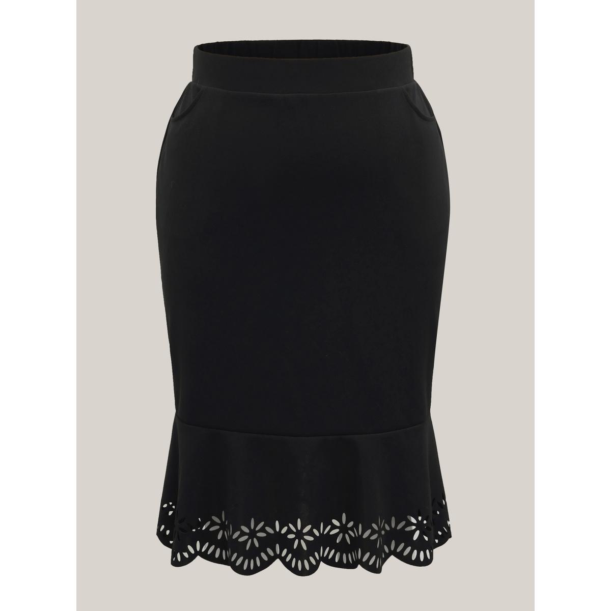 Plus Size Laser Cut Scalloped Fishtail Maxi Skirt Women Black Elegant Laser Bodycon Medium stretch Slanted pocket Everyday-Elegant Skirts BloomChic 14-16/1X Product Image
