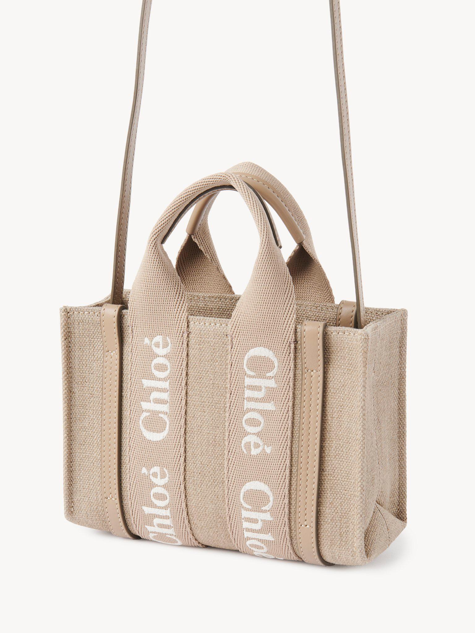 Mini Woody tote bag in linen & leather Product Image