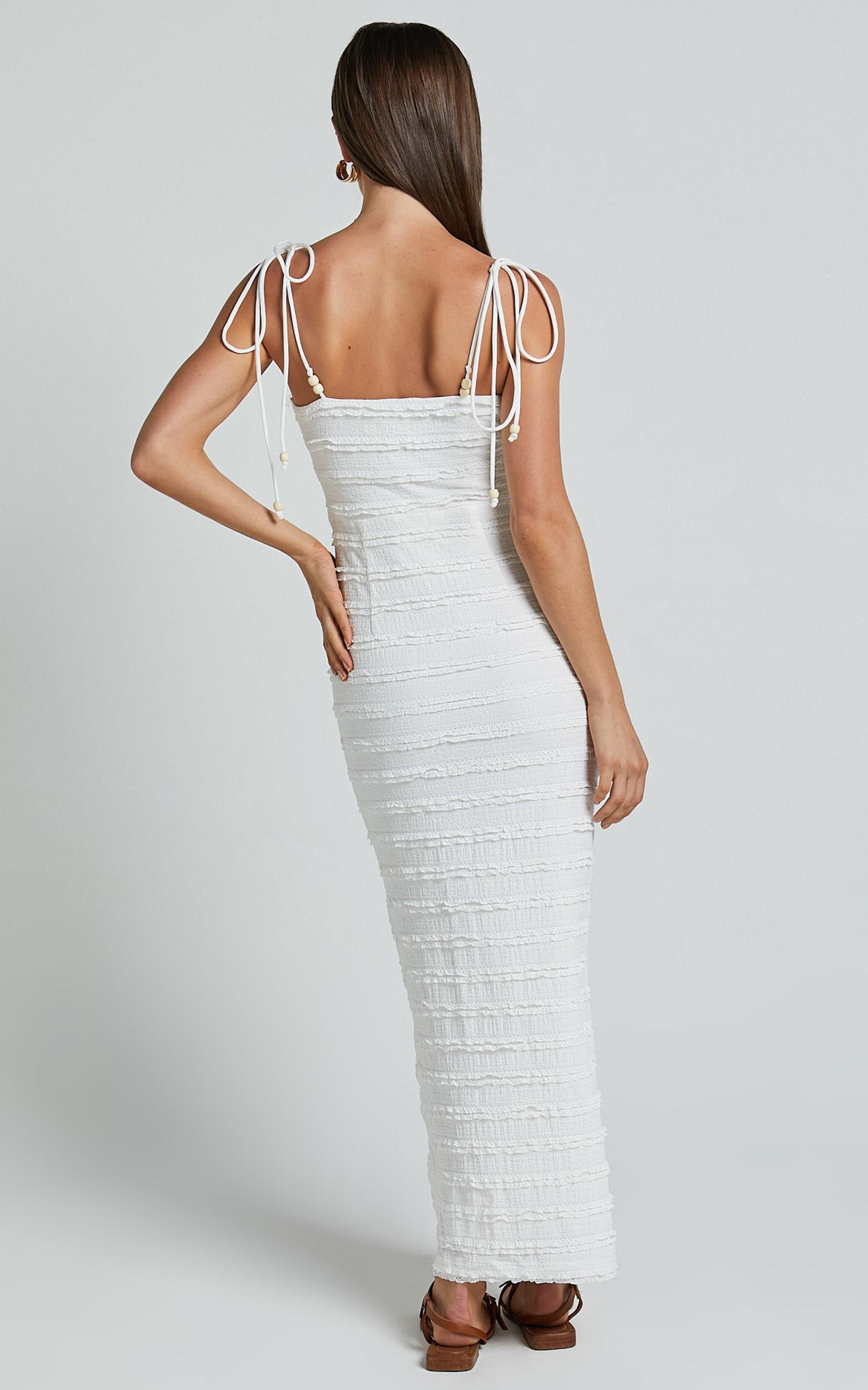 Alanna Midi Dress - Textured Midi Dress With Tie Straps in White Product Image