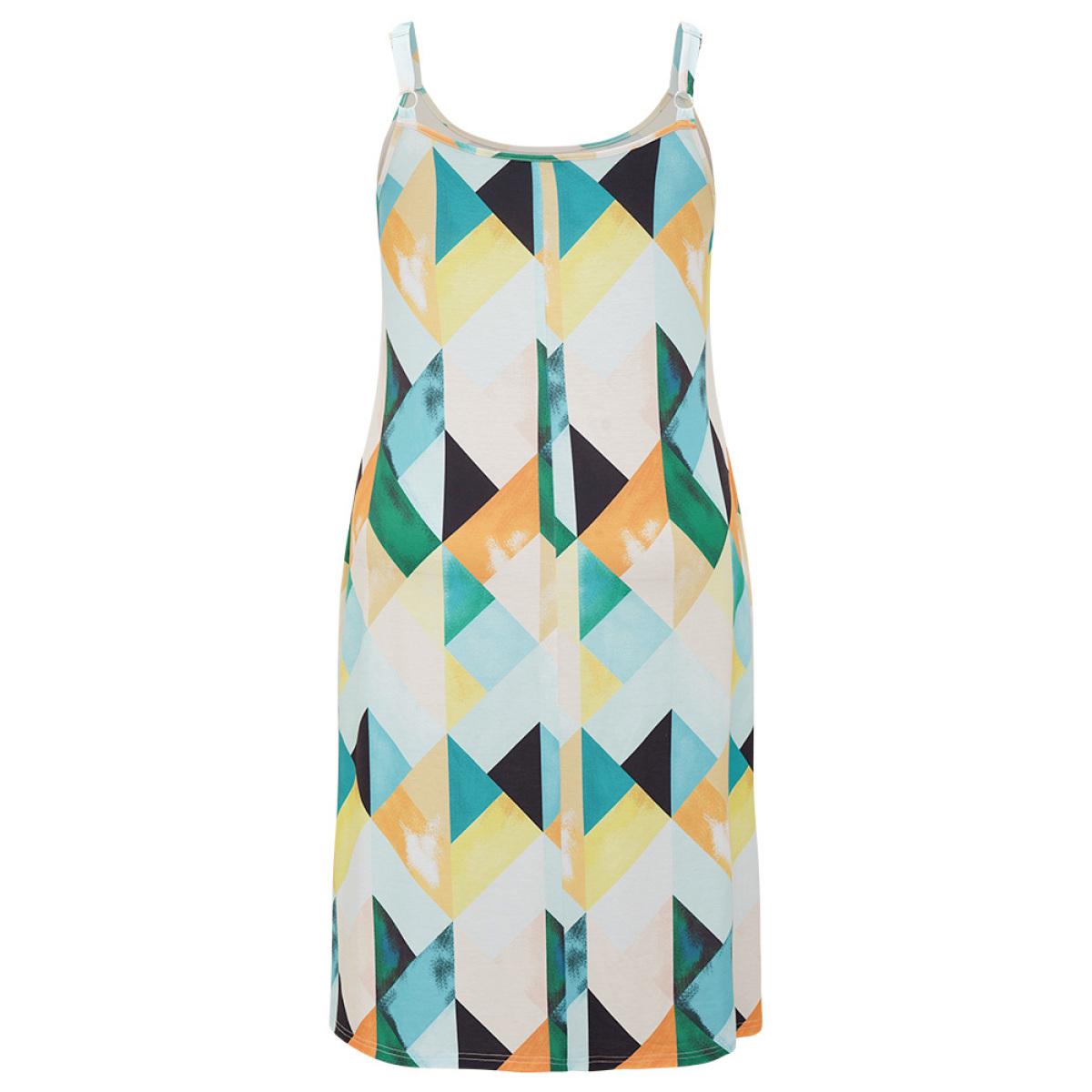 Plus Size Geometric Print Ruffles Pocket Spaghetti Strap Dress Multicolor Women Elegant Adjustable Straps Spaghetti Strap Sleeveless Curvy Midi Dress BloomChic 12/L Product Image