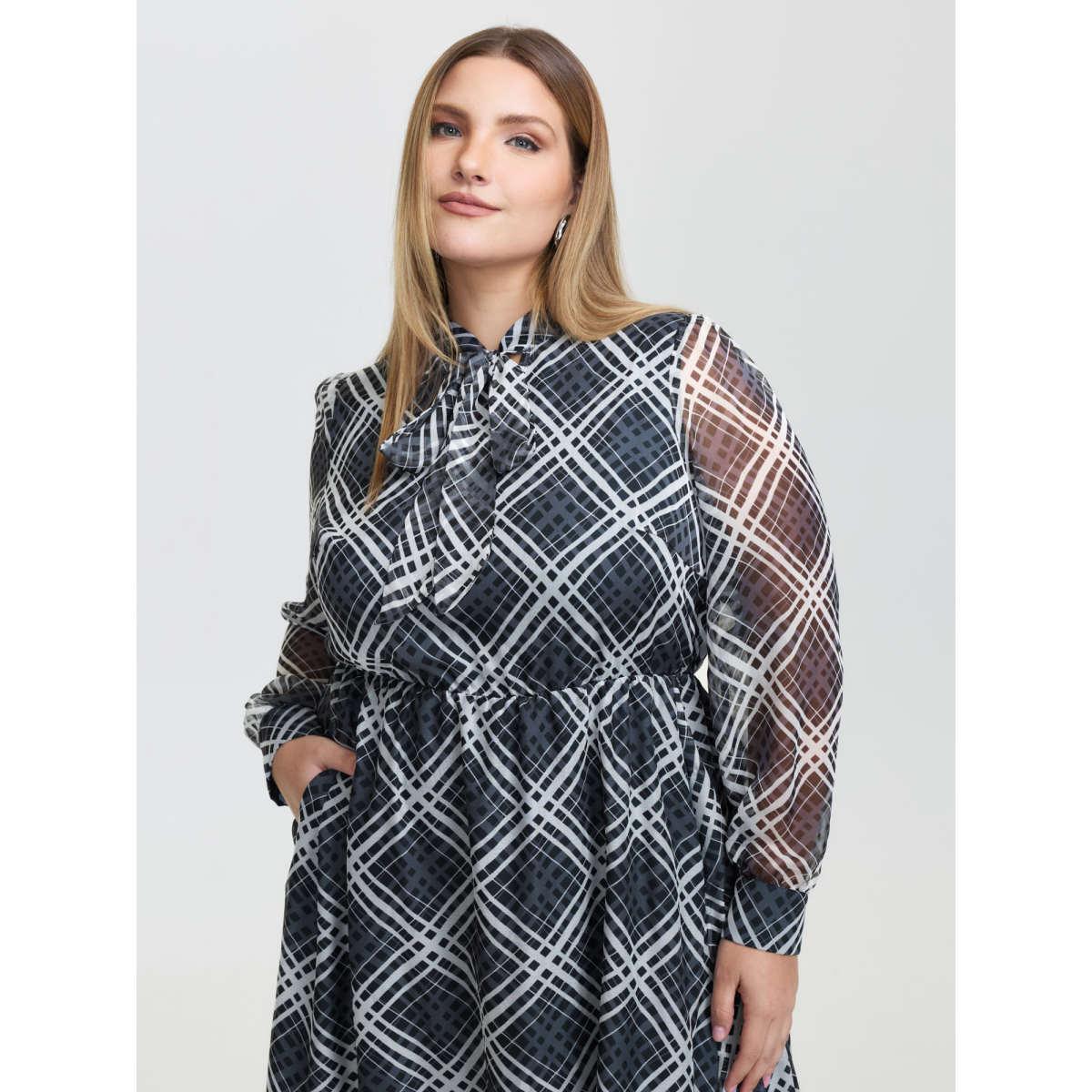 Plus Size Plaid Print Sheer Mesh Neck Tie Midi Dress Mediumblue Women Office Ribbon-tied collar Extra Long Sleeve Curvy BloomChic 26/4X Product Image