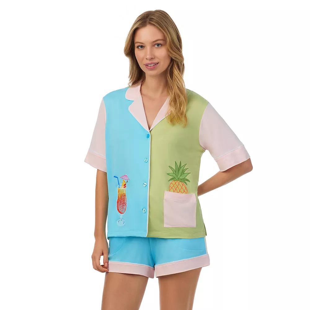 Women's Beauty Sleep Social Short Sleeve Button Front Pajama Top & Pajama Boxer Set, Girl's, Size: Small, Cariblue Product Image