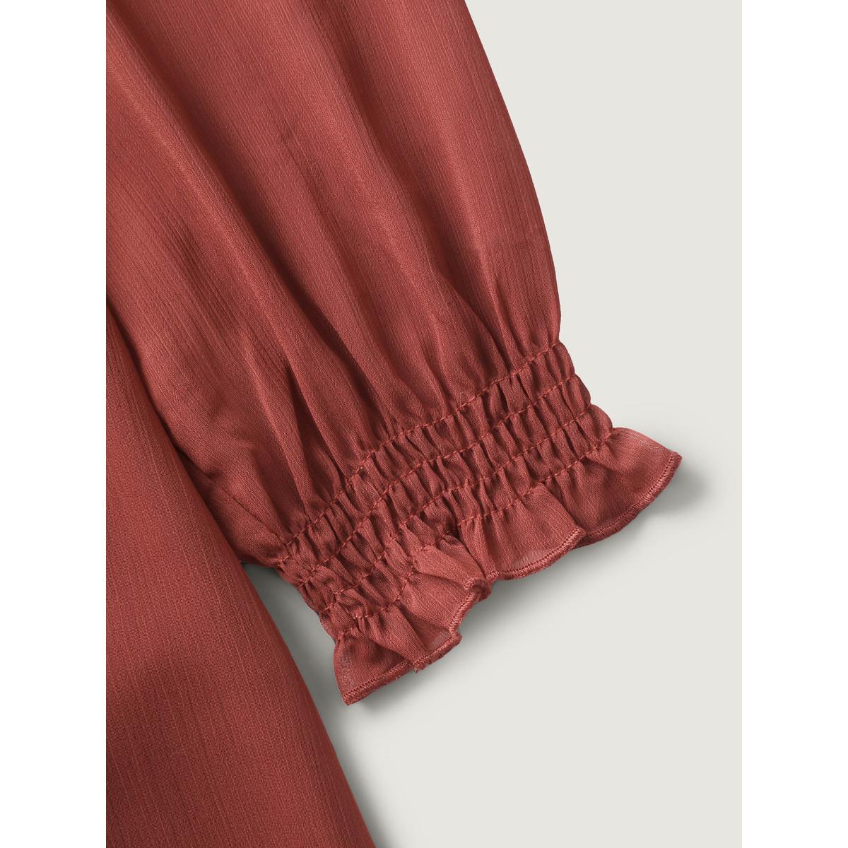 Plus Size Rust Sheer Ruffled Neck Flowy Solid Blouse Women Boho Extra Long Sleeve Notched collar Vacation Blouses BloomChic 14-16/1X Product Image