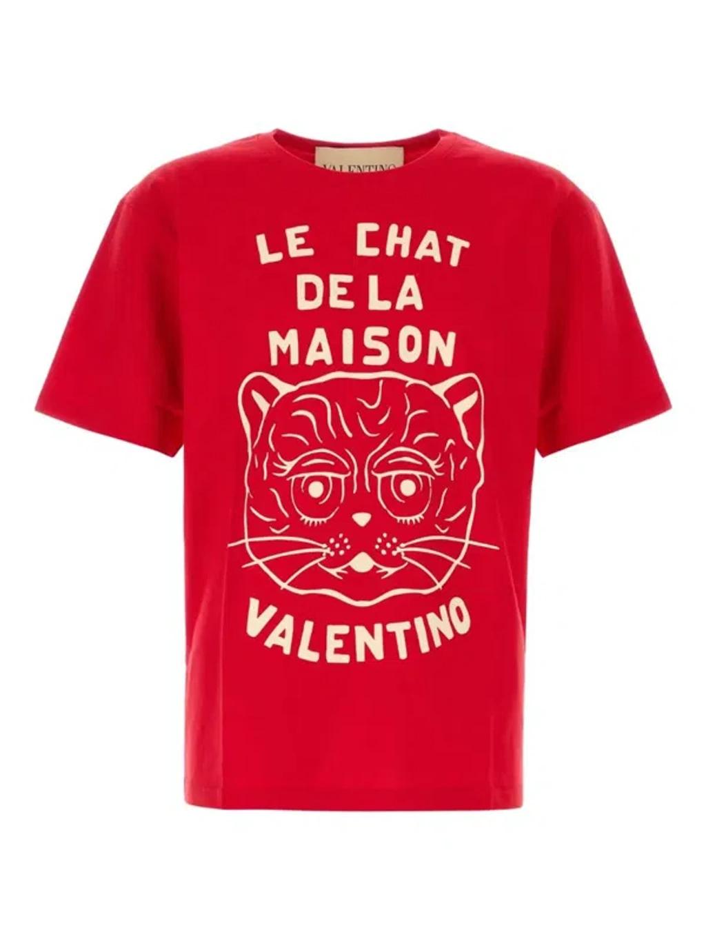 VALENTINO Graphic Print House Cat Crew Neck T-shirt In Red Product Image