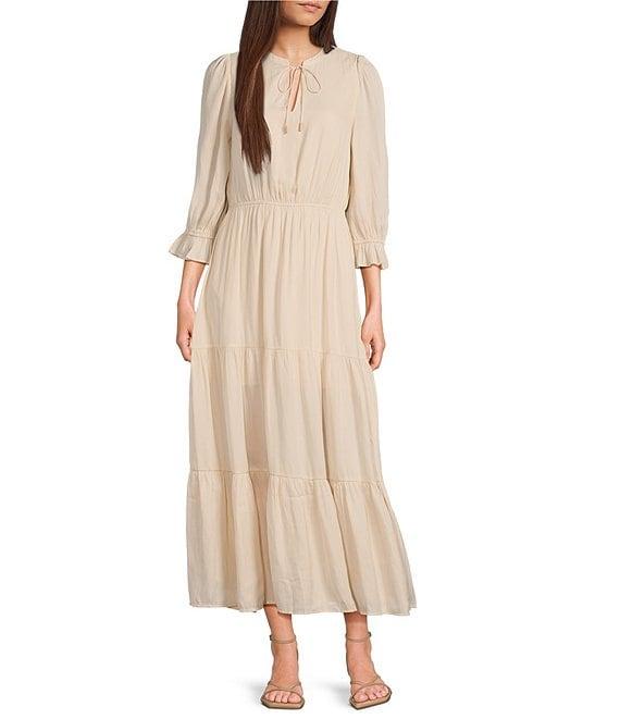 Skies Are Blue Split Tie Neck 3/4 Sleeve Tiered Ruffle Maxi Dress Product Image