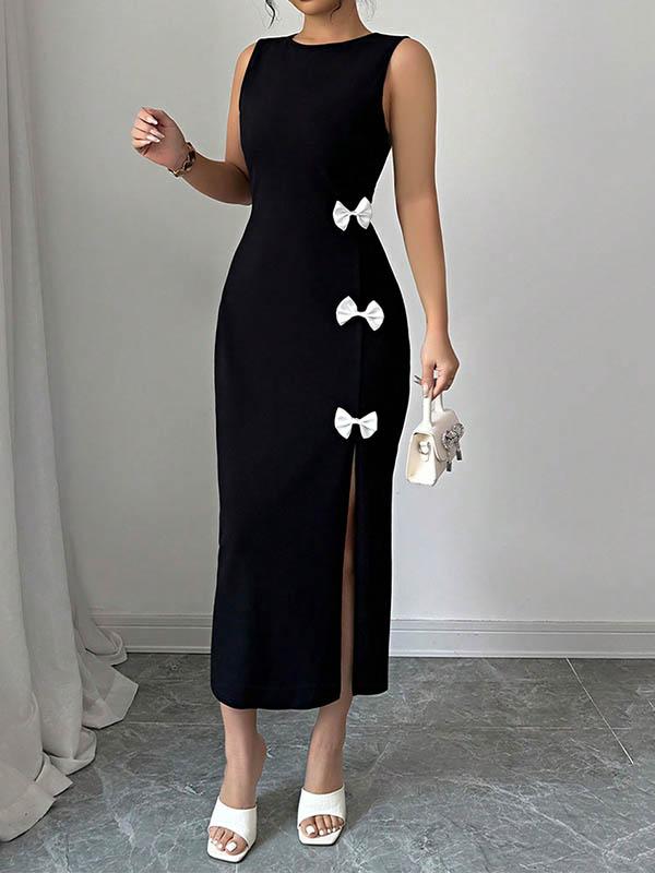 Bodycon High Waisted Bowknot Split-Side Round-Neck Midi Dresses Product Image