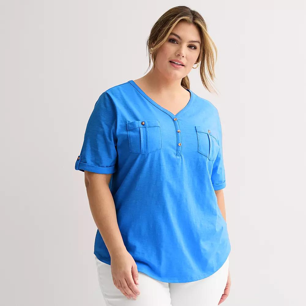 Plus Croft & Barrow Elbow Sleeve Utility Henley Top, Womens Product Image
