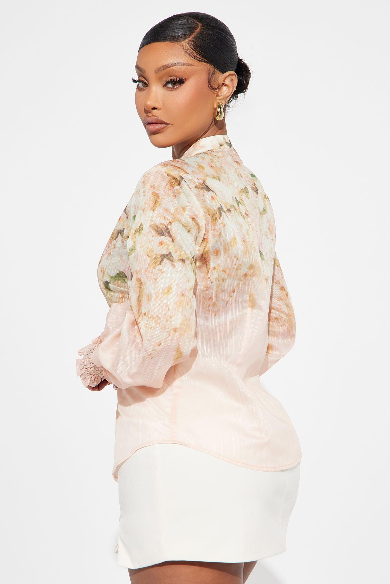 Spring Chic Floral Chiffon Shirt - Coral Female Product Image