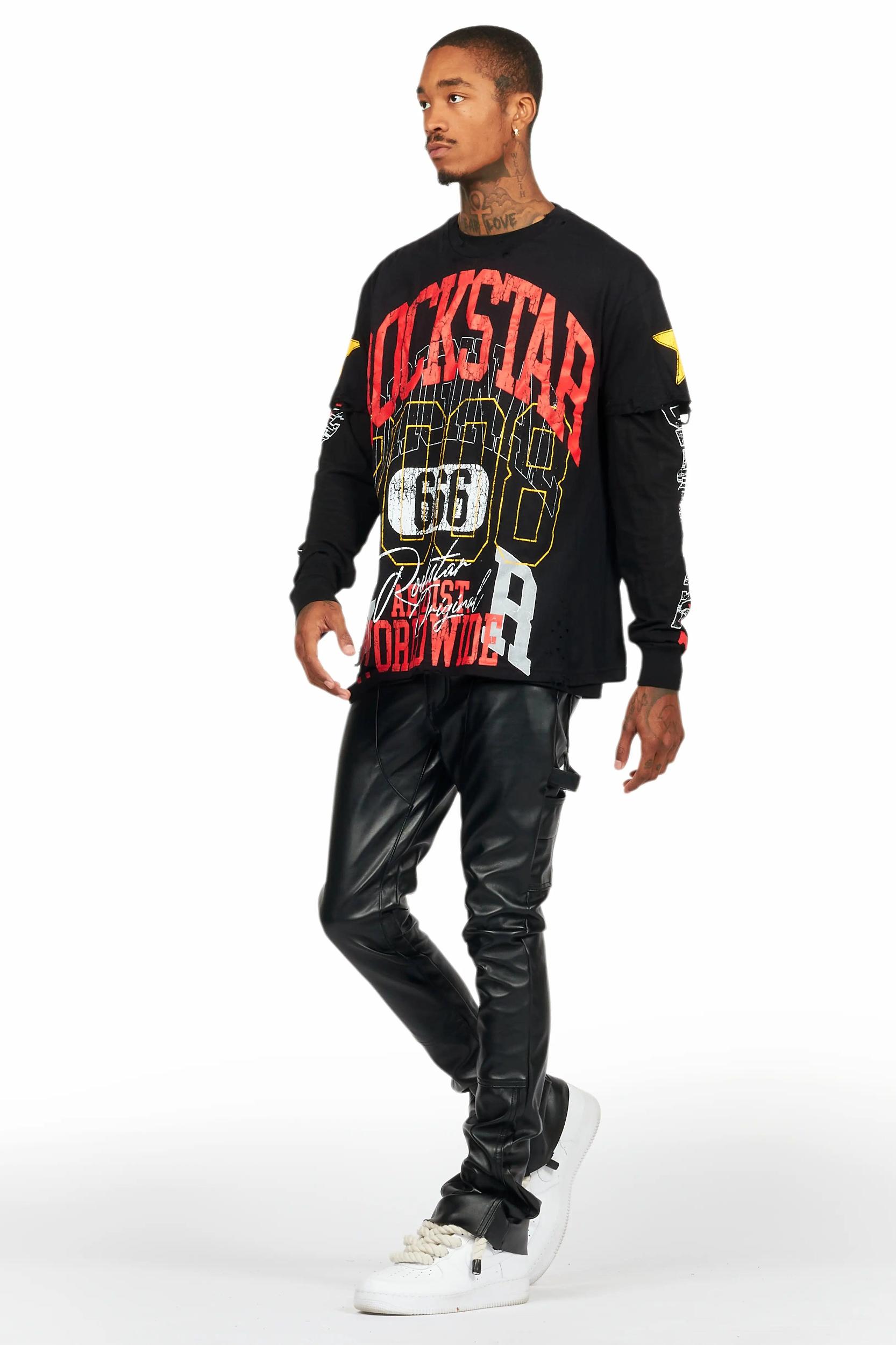 Quatz Black Leather Stacked Flare Jean Male Product Image