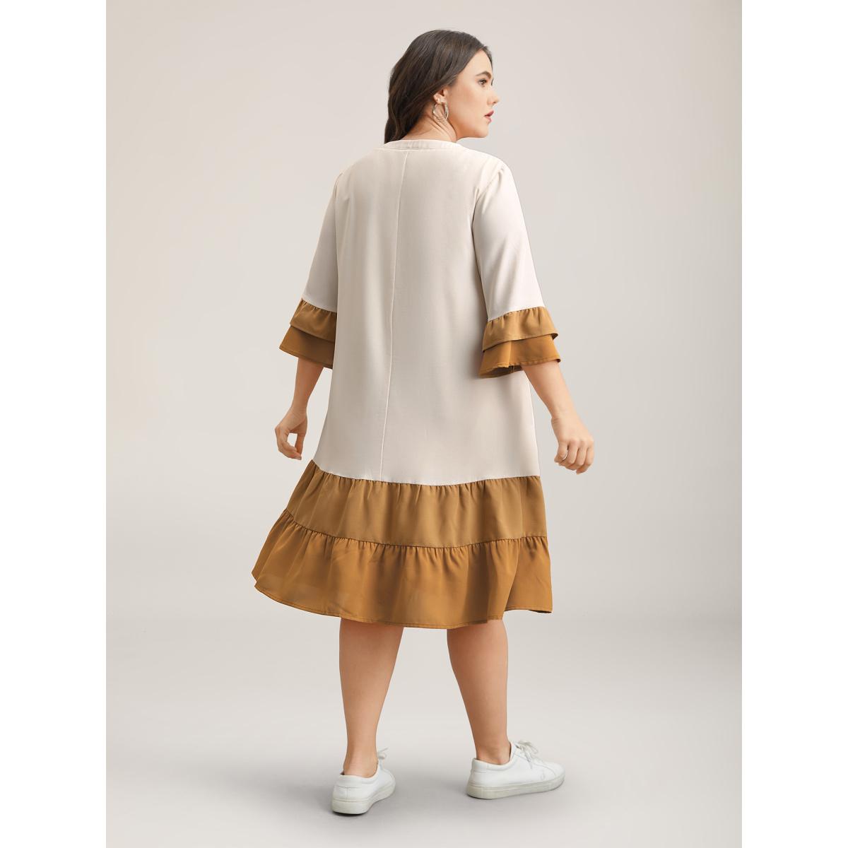 Plus Size Color Block Neck-Tie Tiered Midi Dress Multicolor Women Casual Tucked seam Notched collar Elbow-length sleeve Curvy BloomChic 14-16/1X Product Image