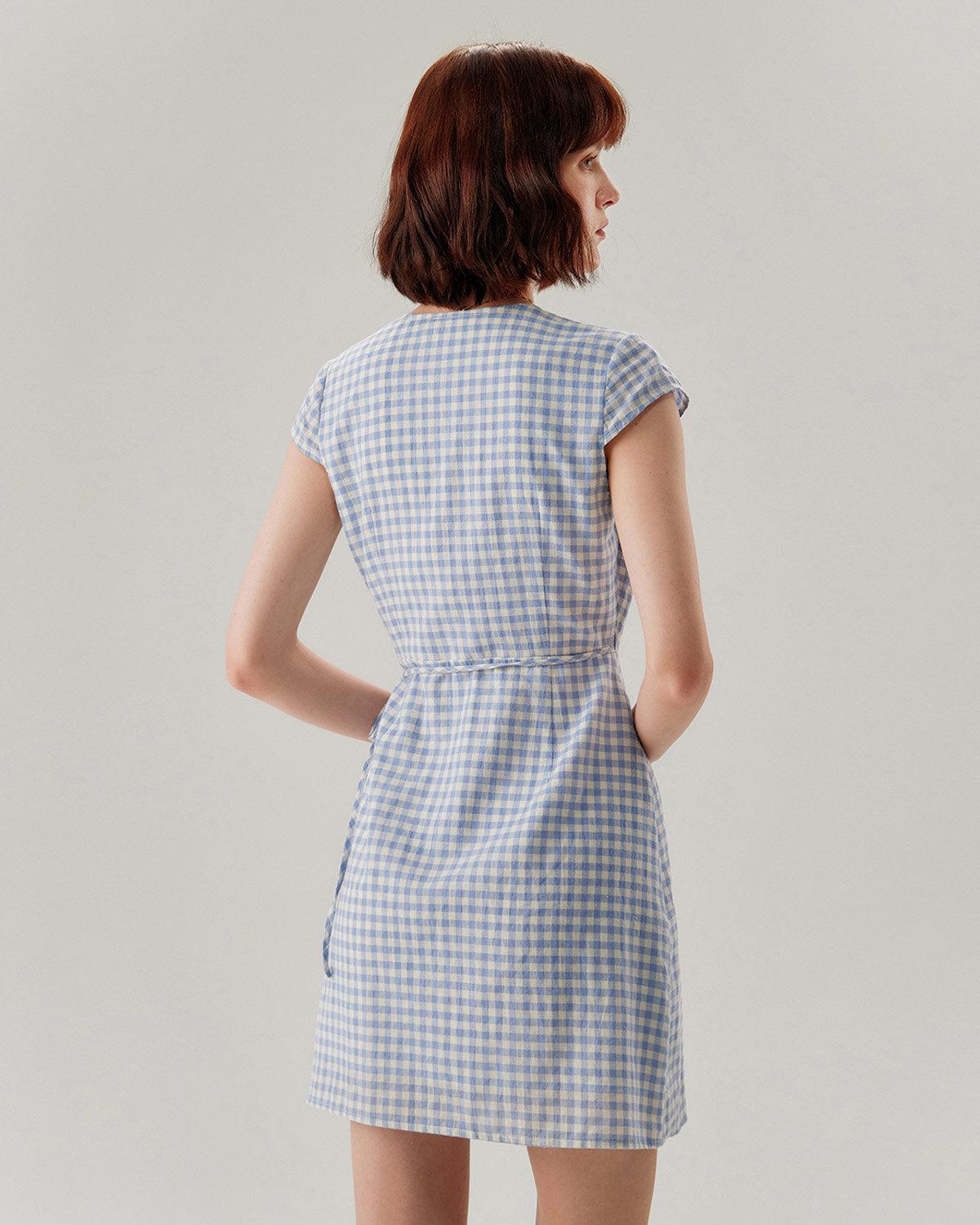 Blue Plaid Cap Sleeve Wrap Mini Dress Product Image