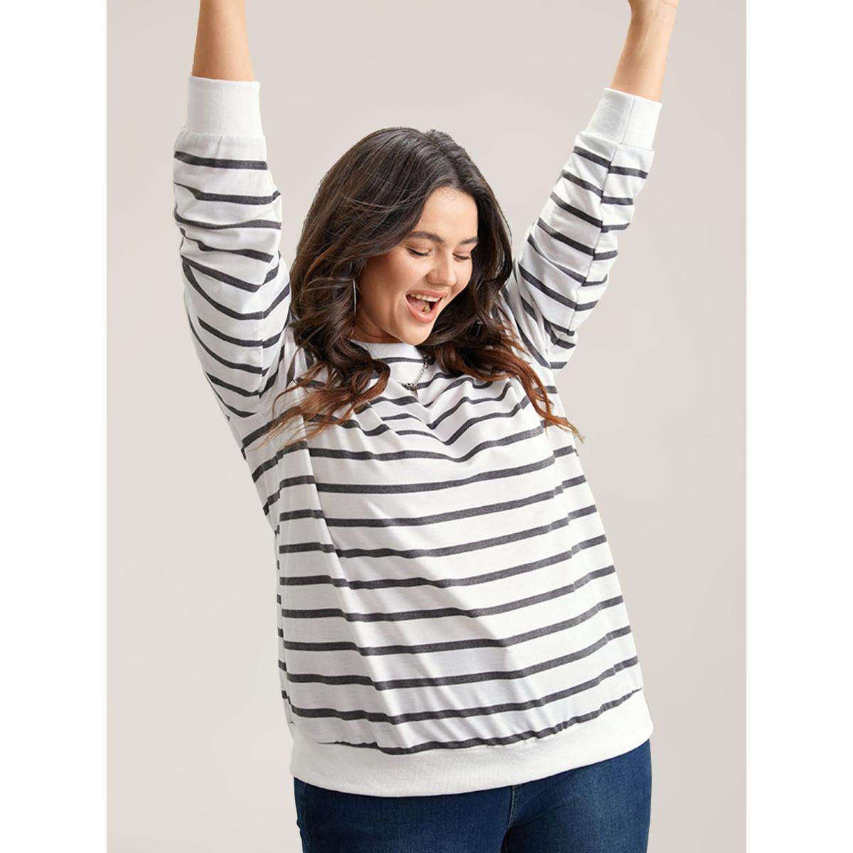 Plus Size Rib Knit Striped Round Neck Sweatshirt Women White Casual Non Round Neck Everyday Sweatshirts BloomChic 22-24/3X Product Image