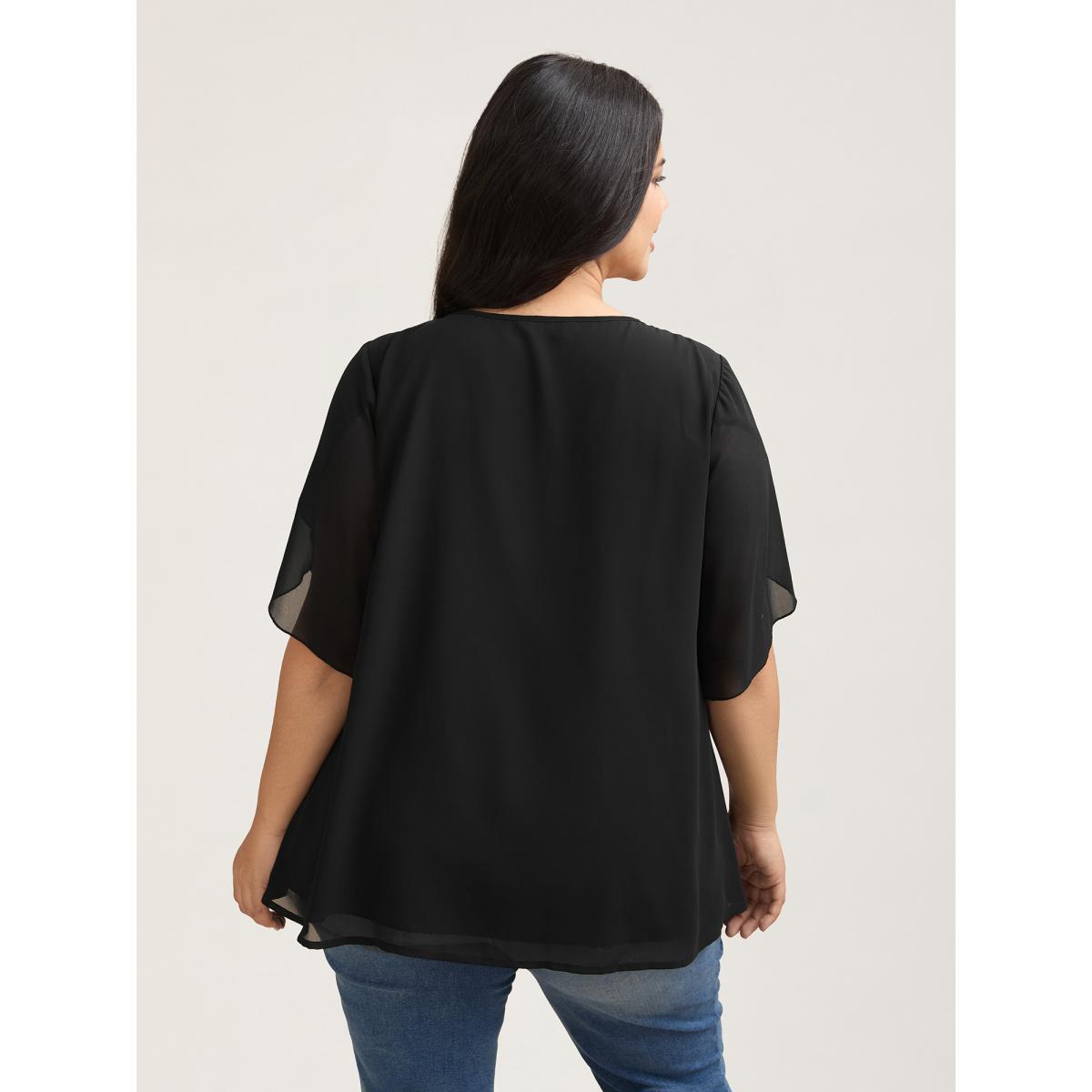 Plus Size Black Petal Sleeve Pleated Sheer Shirt Women Elegant Elbow-length sleeve Round Neck Everyday Blouses BloomChic 30/6X Product Image
