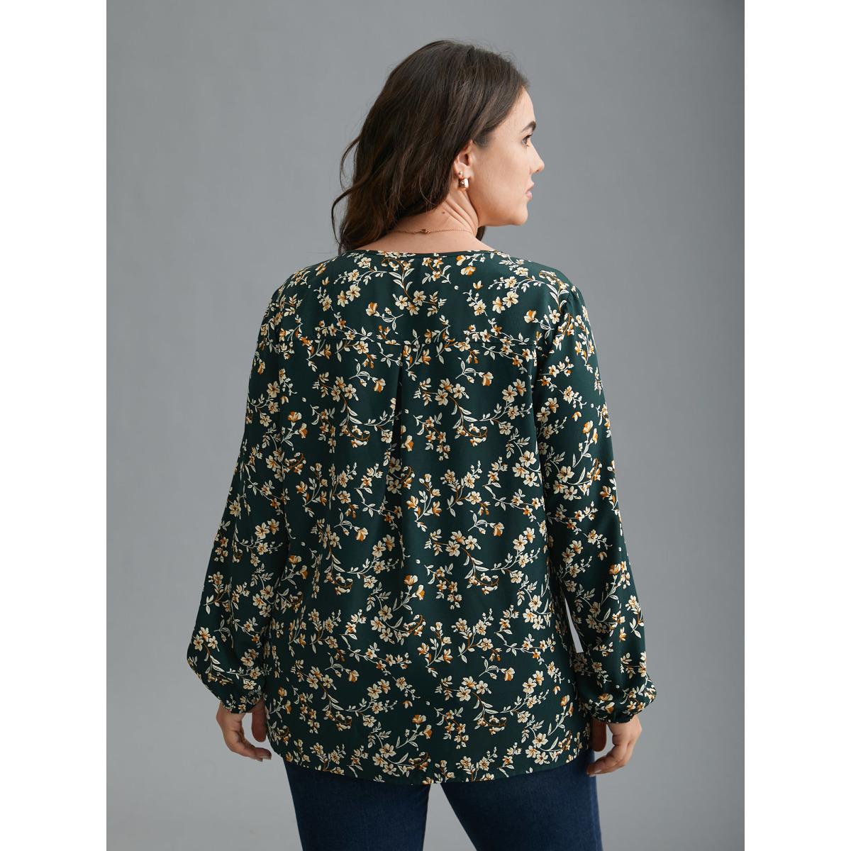 Plus Size DarkGreen Ditsy Floral Split Hem Gathered Blouse Women Elegant Extra Long Sleeve V-neck Everyday Blouses BloomChic 14-16/1X Product Image