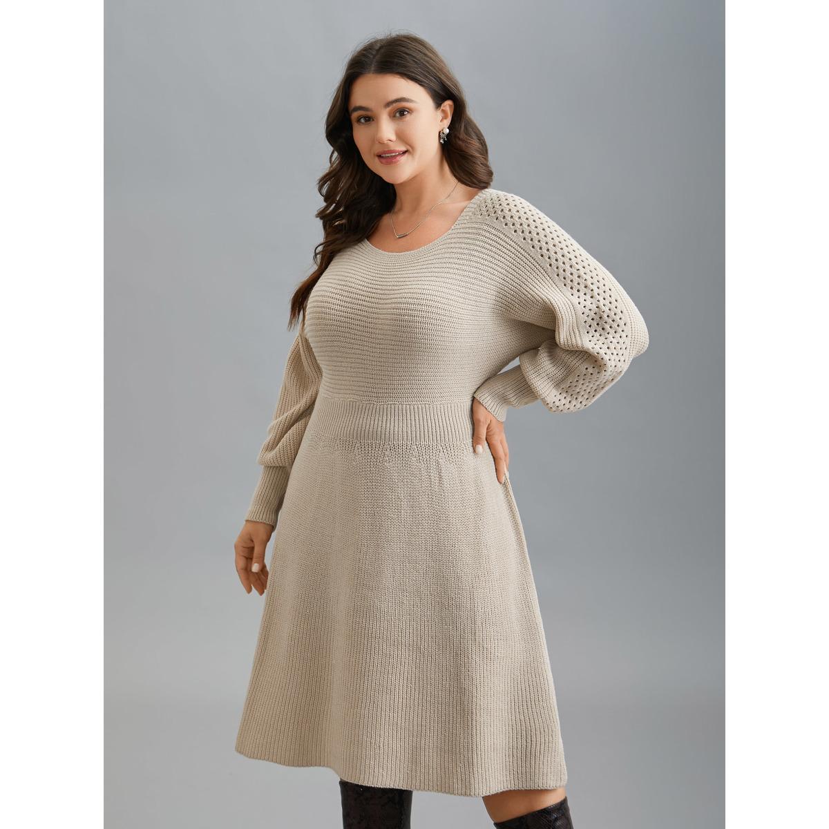 Plus Size Solid Dolman Sleeve Cable Knit Dress Apricot Women Elegant Bodycon Long Sleeve Everyday Sweater Dresses BloomChic 18-20/2X Product Image
