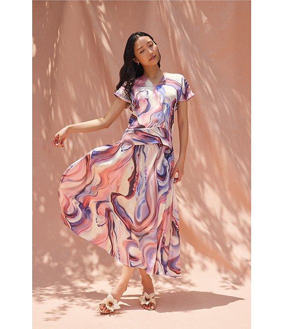 MISOOK Crepe De Shine Watercolor V-Neck Short Sleeve Blouse Product Image