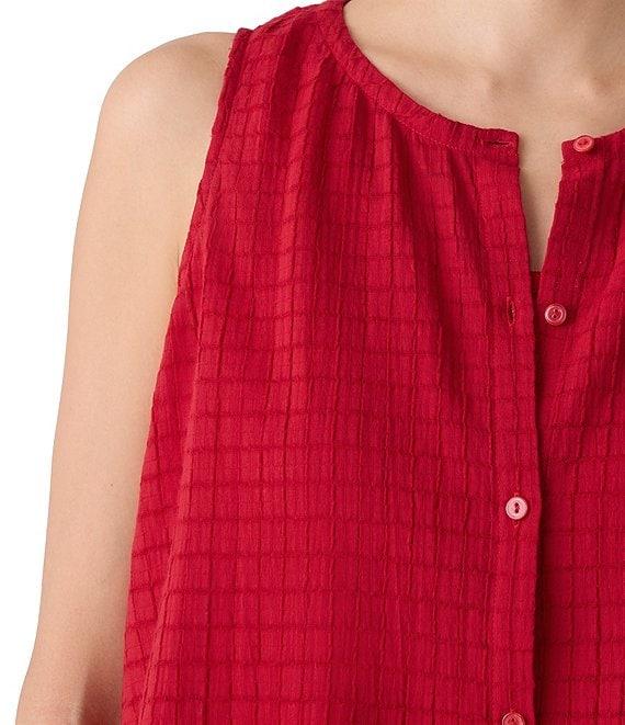 Eileen Fisher Airy Textured Organic Cotton Blend Round Neck Sleeveless Button Front Top Product Image