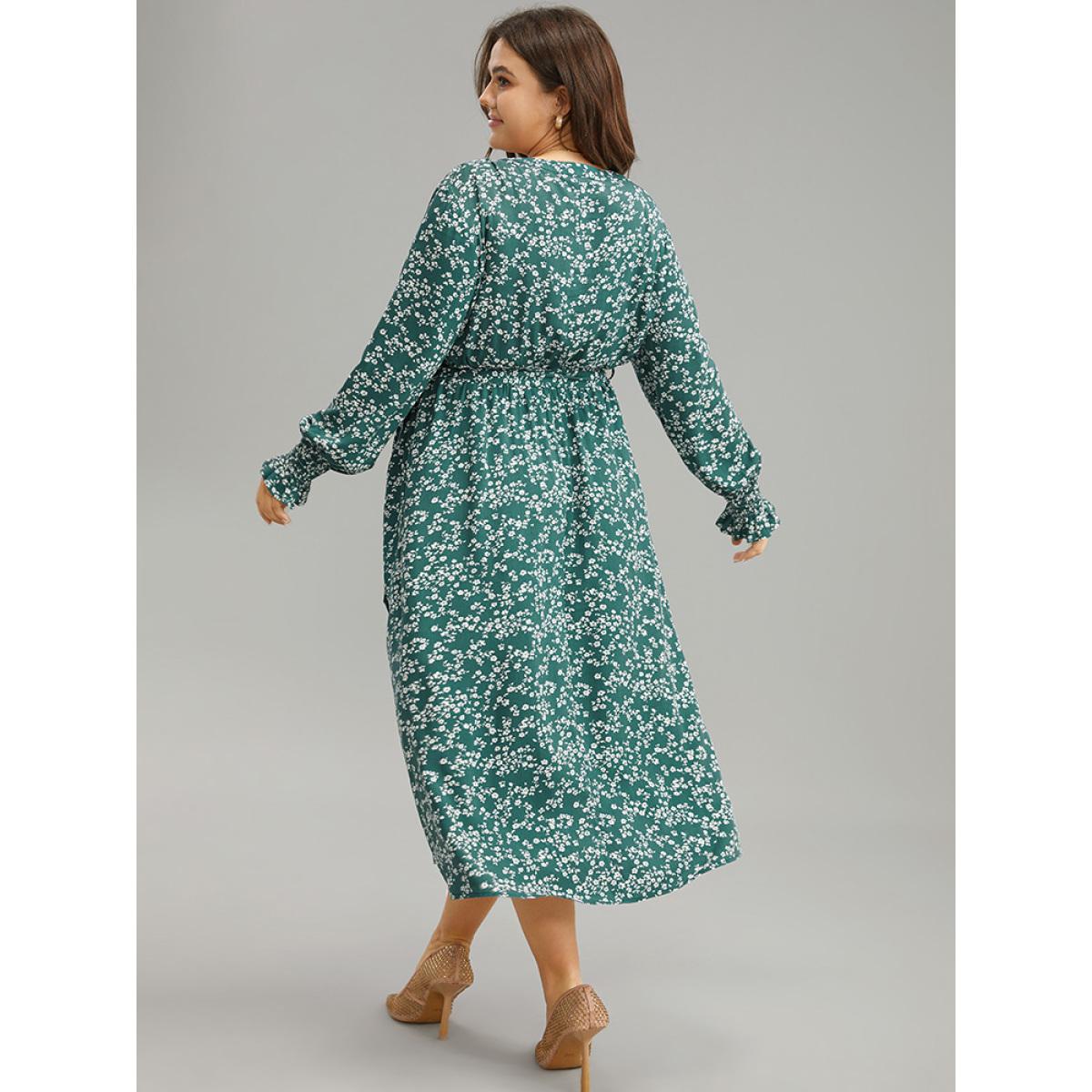 Plus Size Ditsy Floral Shirred Belted Notched Dress DarkGreen Women Elegant Belted Notched collar Long Sleeve Curvy Midi Dress BloomChic 26/4X Product Image