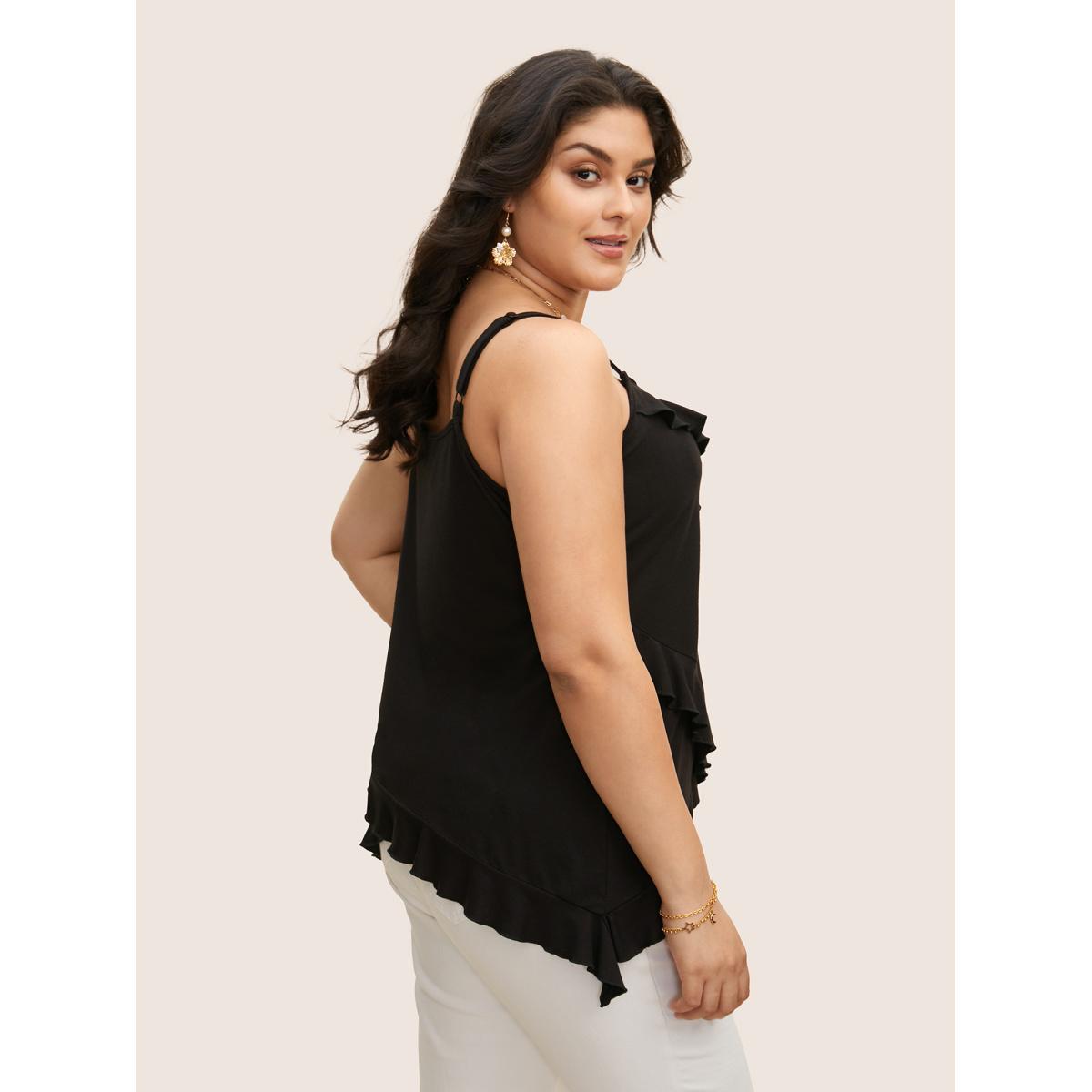 Plus Size Solid Patchwork Ruffle Trim Adjustable Straps Cami Top Women Black Elegant Patchwork V-neck Everyday Tank Tops Camis BloomChic 12/L Product Image