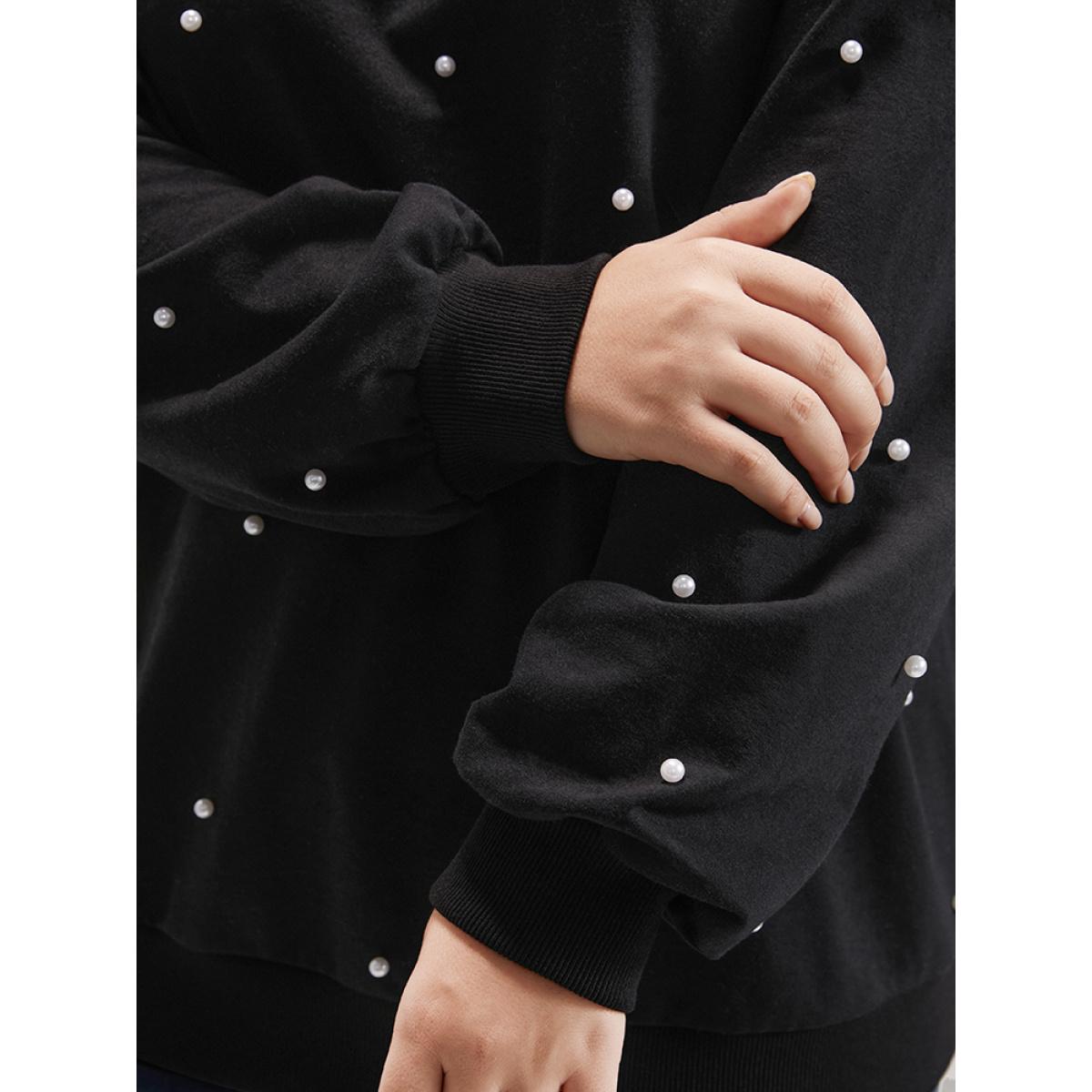 Plus Size Solid Pearl Beaded Drop Shoulder Sweatshirt Women Black Party Beaded Round Neck Going out Sweatshirts BloomChic 10/M Product Image